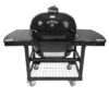 Primo CXLHJ Jack Daniel's Edition Extra Large Oval Ceramic Charcoal Kamado Grill On Cart -Party Bbq jd oval xl 400 2 pc table front view